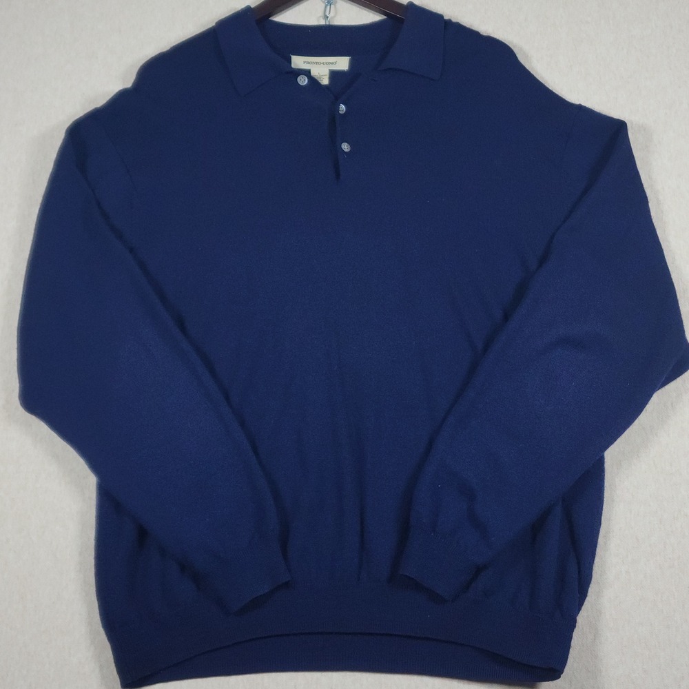 100 Merino Wool Knit Long Sleeve Polo Sweater Mens Large Navy Blue Pronto Uomo